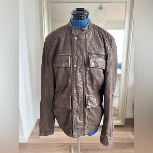 Lucky Brand Manx Cafe Racer Brown Leather Biker Moto Jacket Men's Size S - Picture 2 of 13